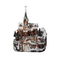 17″ Christmas Polyresin Musical Church with Figure and Tree