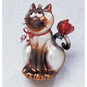 Silly Whimsical Cat With Cardinal On Tail Glass Christmas Ornament