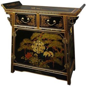 Asian Furniture & Home Décor - 32″ Pine & Crane Chinese Black Lacquer Altar Cabinet Console