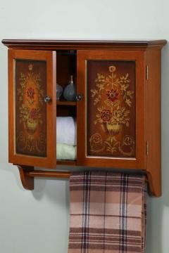 Hand-Painted Floral Wall Cabinet with Towel Bar