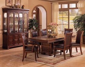 Brown Leather and Cherry Dining Room Furniture Set