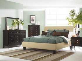 Queen or King Modern Contemporary Upholstered Microfiber Platform Bed in Taupe Fabric