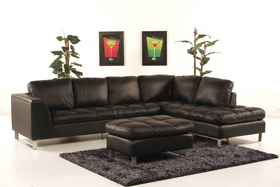 Tufted Seat Black Leather Chaise Sectional
