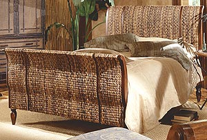 Abaca Weave Sleigh Bed w Mahogany Legs