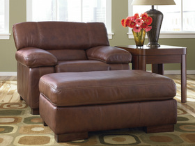 Beautiful Brown Leather Living Room Arm Chair And Ottoman