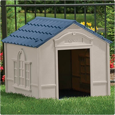 Large Dog House - Taupe with Blue Roof