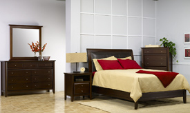 Leather & Wood Bedroom Set w Bed, Dresser, Mirror, Nightstand & Bureau