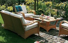 Outdoor Wicker Set w Cushioned Loveseat,  Cushioned Chairs , Teak Wood Coffee Table