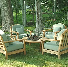 Tucson Teak Round Fireplace Table Set w 4 Victory Deep Seating Armchair