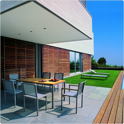 Via Outdoor Sling Dining Set 7 Piece w/ Teak Table