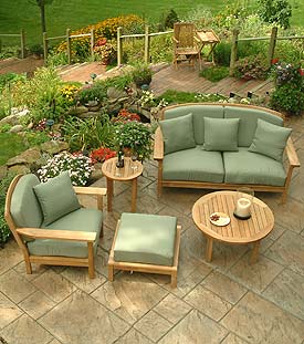 Victory Teak Deep Seating Armchair, Ottoman & Settee w Calderdale Side & Coffee Table