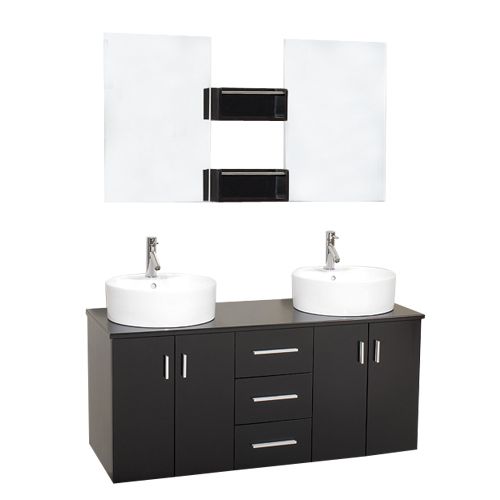 Modern Double Bathroom Vanity Set - Espresso w/ Clear Glass Counter