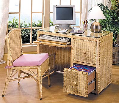 Traditional Wicker Desk W File Cabinet Drawers, Chair