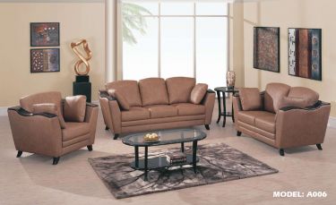 Brown Leather Living Room Set with  Wood Accents
