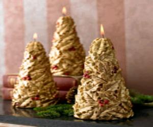 Three Golden Holly Christmas Tree Candles