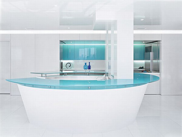 White and Teal Glass Kitchen